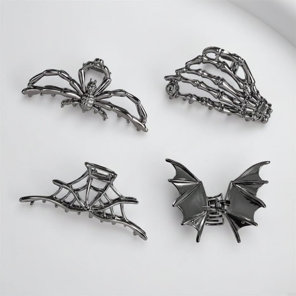 Women's Halloween Hair Claw Clips with Skeleton Hand Bat Wing and Spiderweb Metal Decorative Design - Image 3
