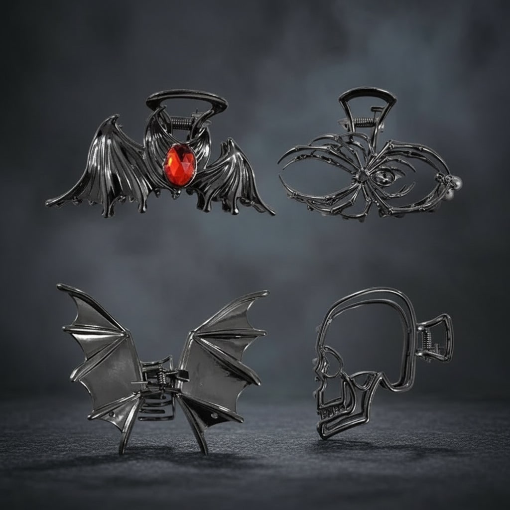 Women's Halloween Hair Claw Clips with Skeleton Hand Bat Wing and Spiderweb Metal Decorative Design - Image 6