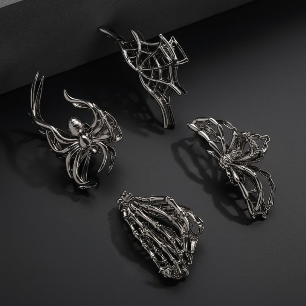 Women's Halloween Hair Claw Clips with Skeleton Hand Bat Wing and Spiderweb Metal Decorative Design - Image 7