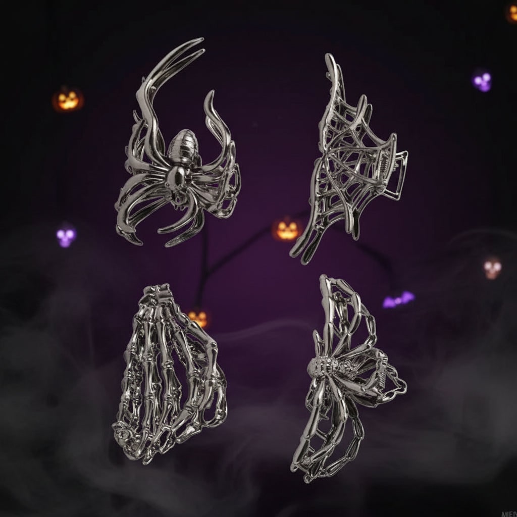 Women's Halloween Hair Claw Clips with Skeleton Hand Bat Wing and Spiderweb Metal Decorative Design - Image 8