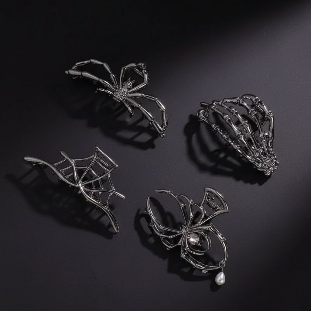 Women's Halloween Hair Claw Clips with Skeleton Hand Bat Wing and Spiderweb Metal Decorative Design - Image 9