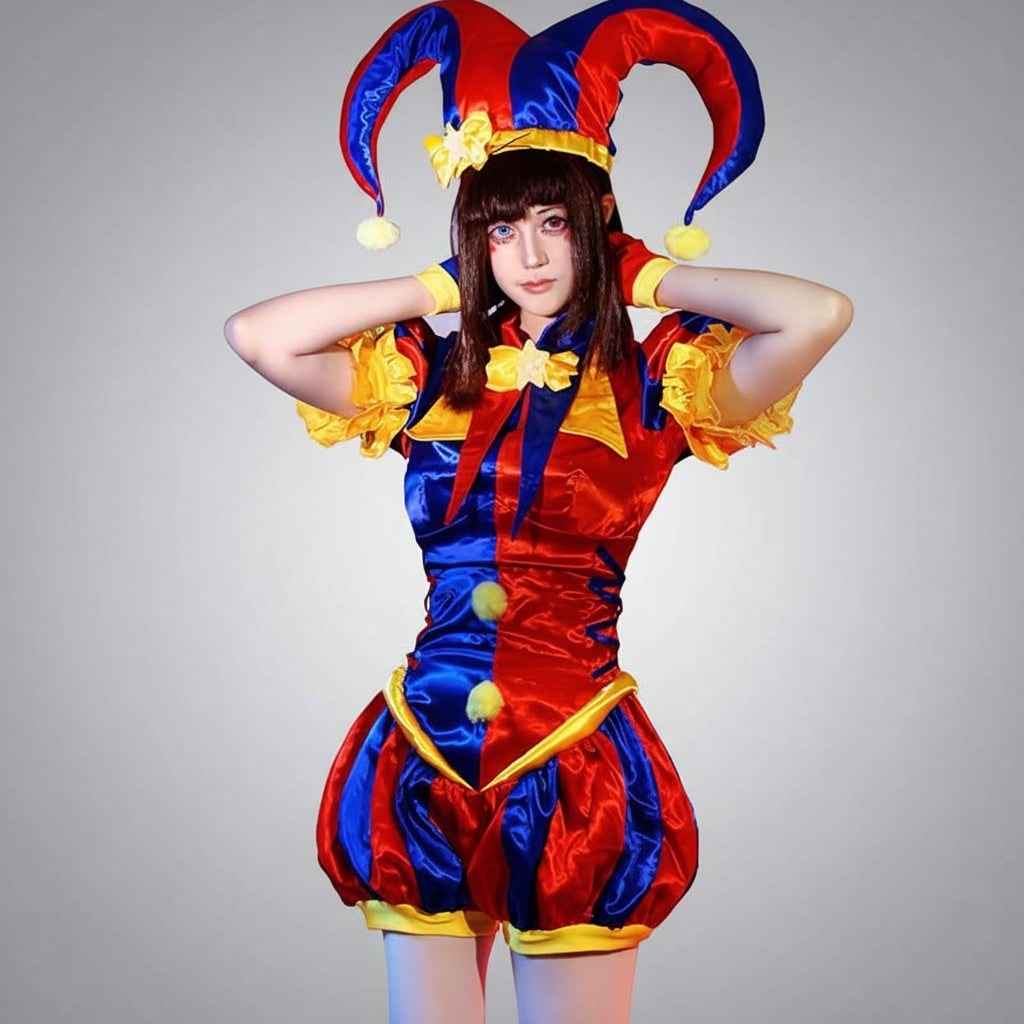 Women's Halloween Jester Costume Outfit with Hat and Gloves Medieval Renaissance Court Party - Image 1