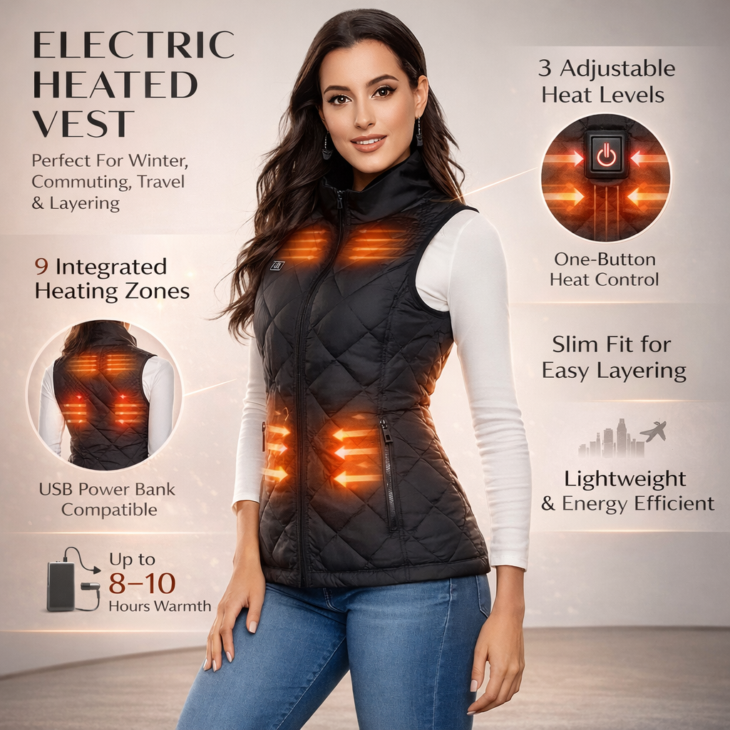 Women's Heated Vest with Electric Quilted Design and Stand Collar for Lightweight - Image 10
