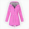 Women's Hooded Waterproof Rain Jacket with Striped Lining and Drawstring Waist - Image 1