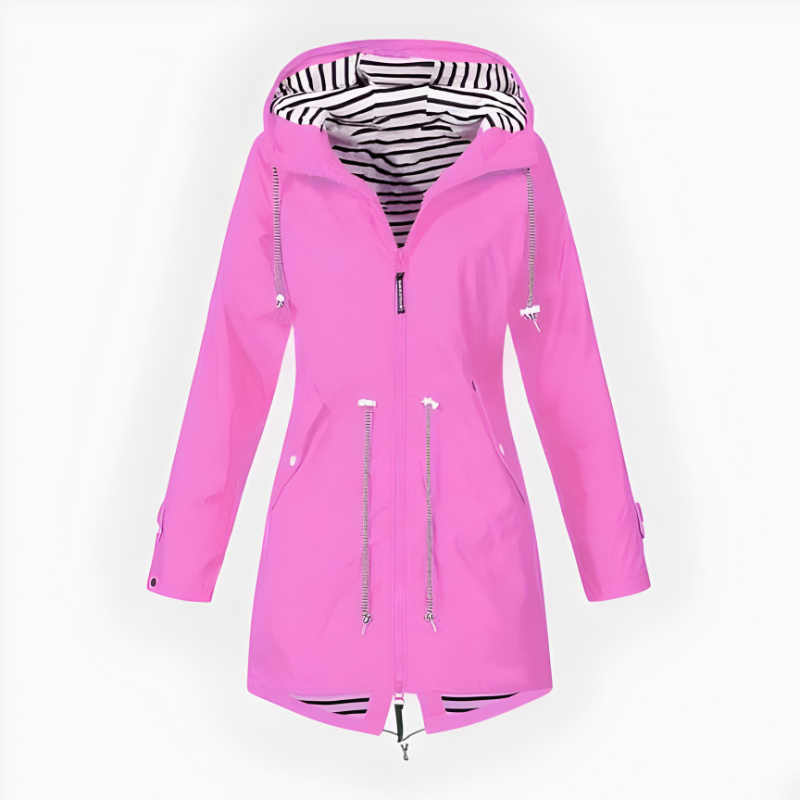 Women's Hooded Waterproof Rain Jacket with Striped Lining and Drawstring Waist - Image 1