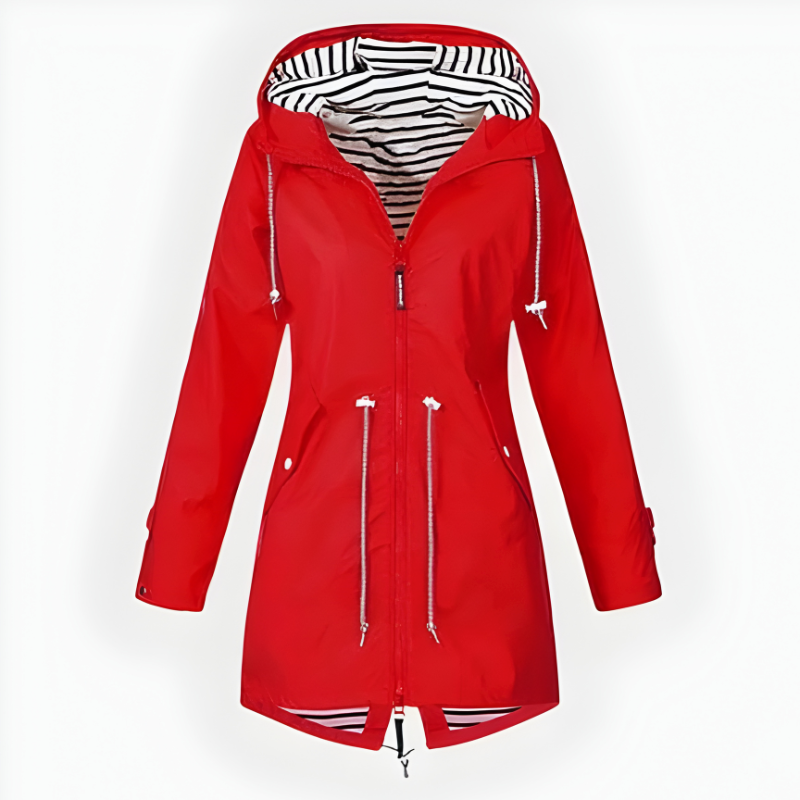 Women's Hooded Waterproof Rain Jacket with Striped Lining and Drawstring Waist - Image 3