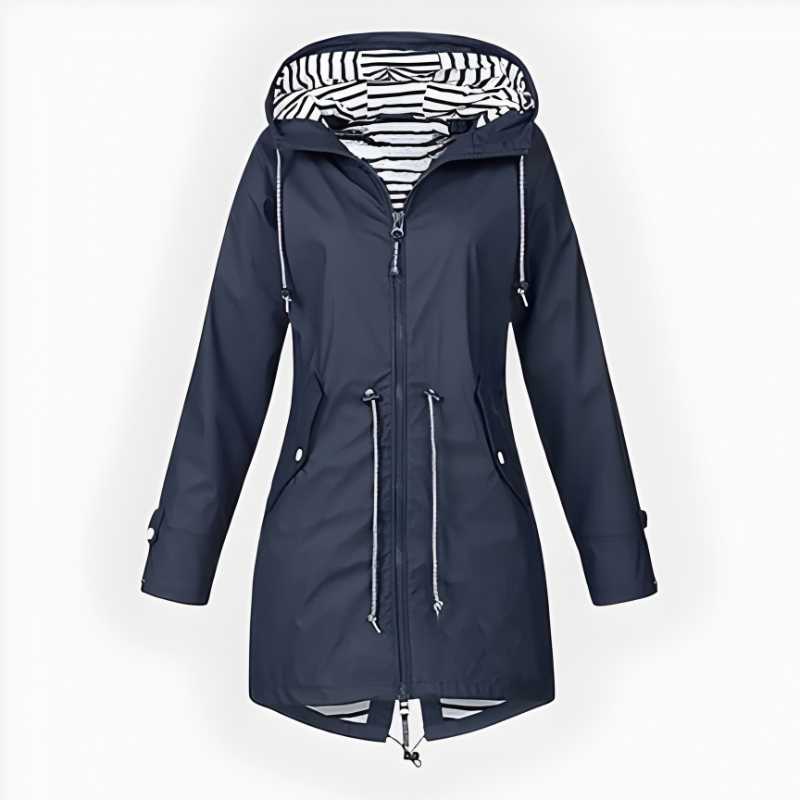 Women's Hooded Waterproof Rain Jacket with Striped Lining and Drawstring Waist - Image 5