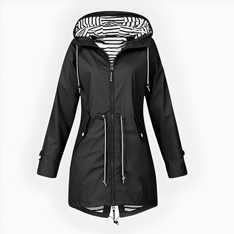 Women's Hooded Waterproof Rain Jacket with Striped Lining and Drawstring Waist - Image 7