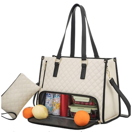 Women's Insulated Lunch Bag Tote with Quilted Faux Leather and Matching Wristlet Purse - Image 1
