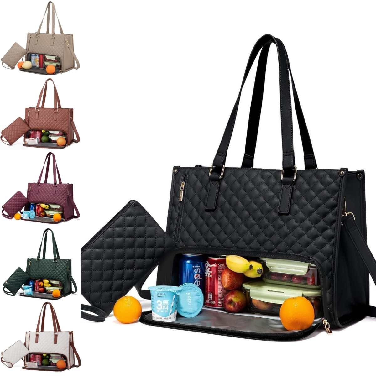Women's Insulated Lunch Bag Tote with Quilted Faux Leather and Matching Wristlet Purse - Image 12
