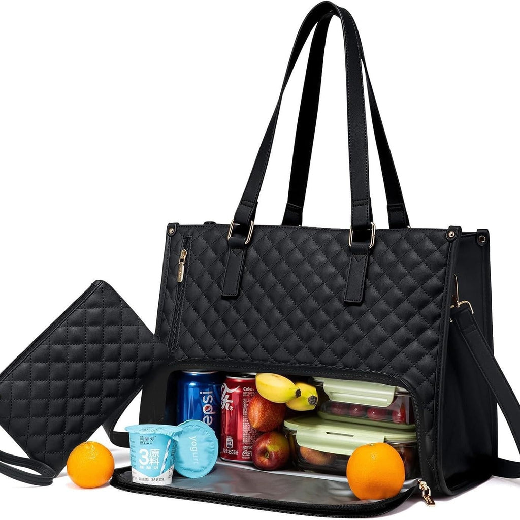 Women's Insulated Lunch Bag Tote with Quilted Faux Leather and Matching Wristlet Purse - Image 2