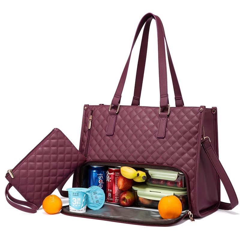 Women's Insulated Lunch Bag Tote with Quilted Faux Leather and Matching Wristlet Purse - Image 4