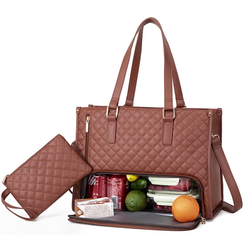 Women's Insulated Lunch Bag Tote with Quilted Faux Leather and Matching Wristlet Purse - Image 5