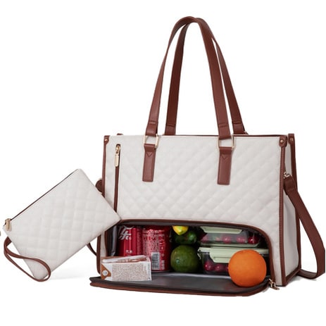 Women's Insulated Lunch Bag Tote with Quilted Faux Leather and Matching Wristlet Purse - Image 7
