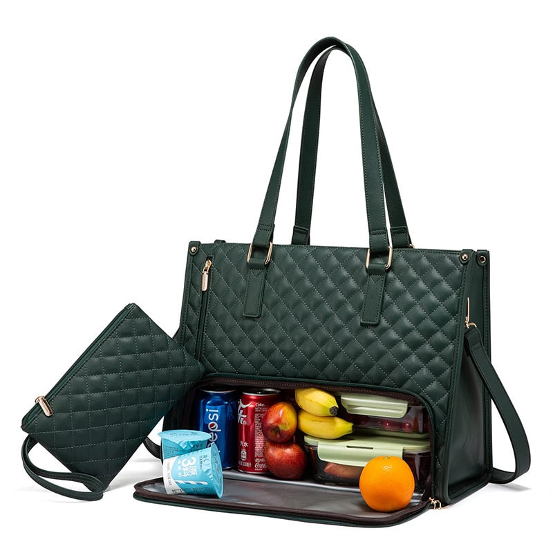 Women's Insulated Lunch Bag Tote with Quilted Faux Leather and Matching Wristlet Purse - Image 8