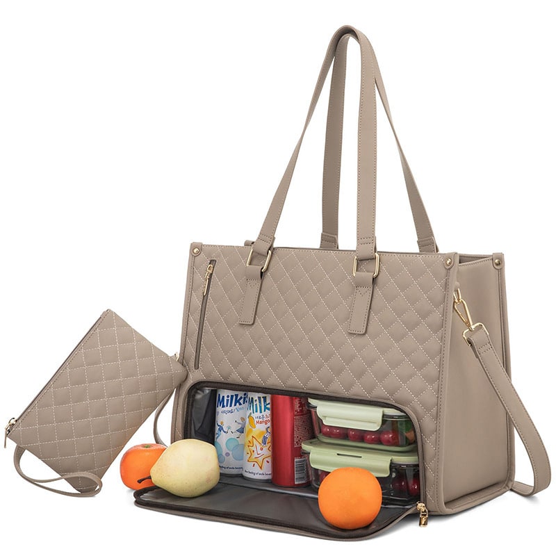 Women's Insulated Lunch Bag Tote with Quilted Faux Leather and Matching Wristlet Purse - Image 9