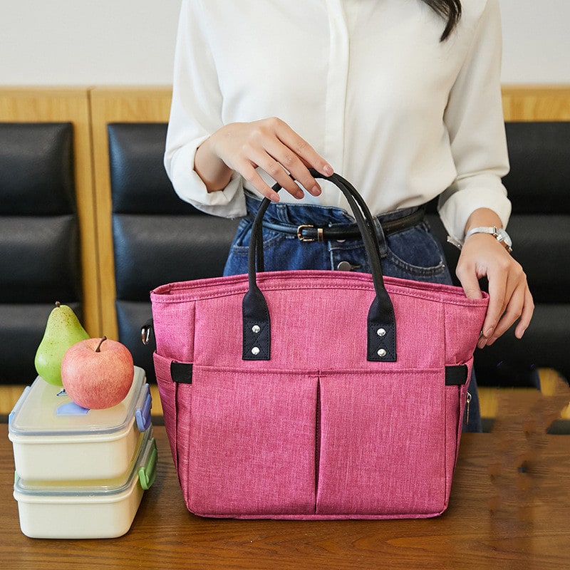 Women's Insulated Lunch Bag Tote with Shoulder Strap and Front Pockets - Image 2