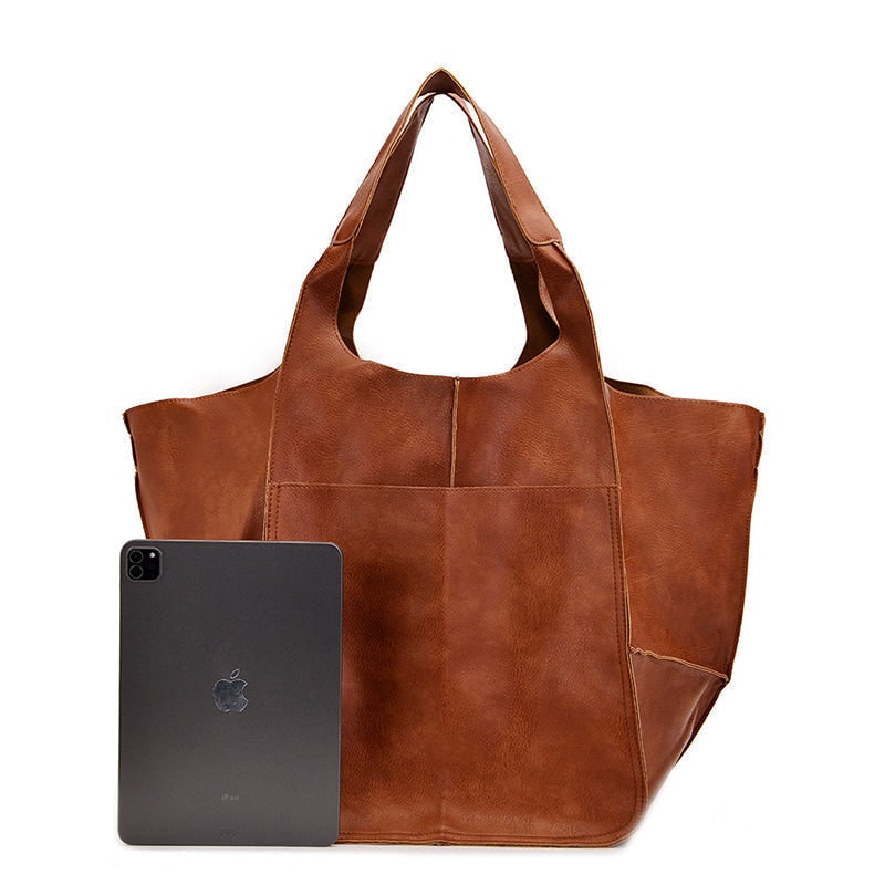 Women's Leather Tote Bag with Large Front Pocket and Slouchy Unstructured Silhouette for Work - Image 10