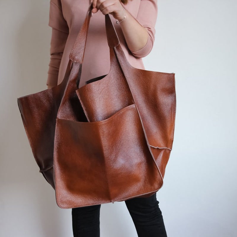 Women's Leather Tote Bag with Large Front Pocket and Slouchy Unstructured Silhouette for Work - Image 16