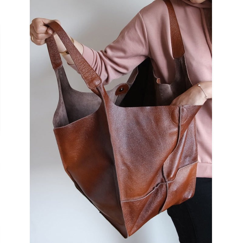 Women's Leather Tote Bag with Large Front Pocket and Slouchy Unstructured Silhouette for Work - Image 3