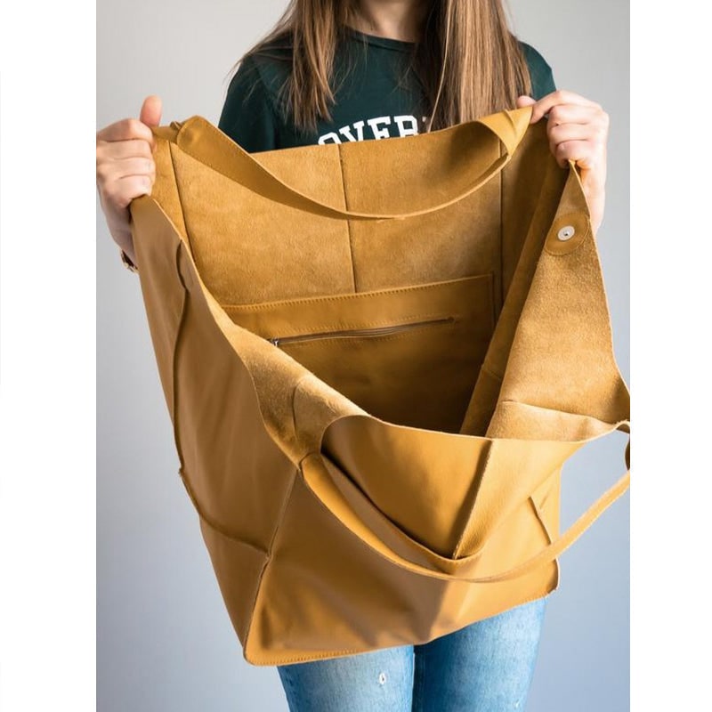 Women's Leather Tote Bag with Large Front Pocket and Slouchy Unstructured Silhouette for Work - Image 8