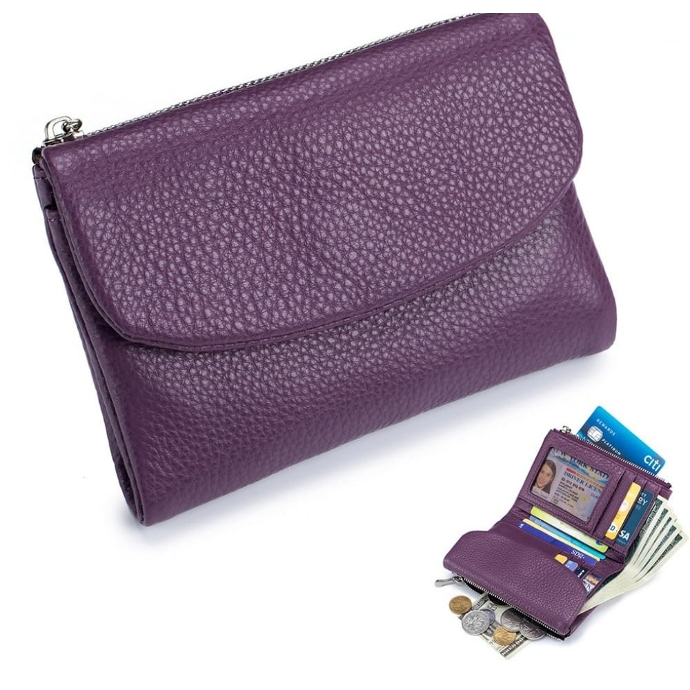 Women's Leather Wallet with Zippered Pockets Card Slots and Id Window - Image 11