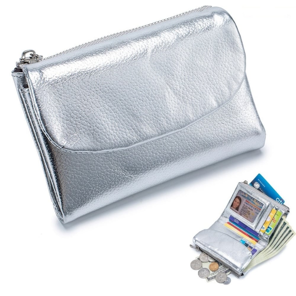Women's Leather Wallet with Zippered Pockets Card Slots and Id Window - Image 13
