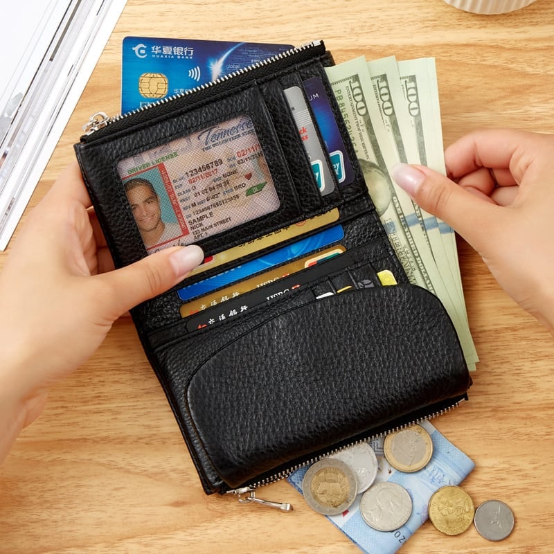 Women's Leather Wallet with Zippered Pockets Card Slots and Id Window - Image 21