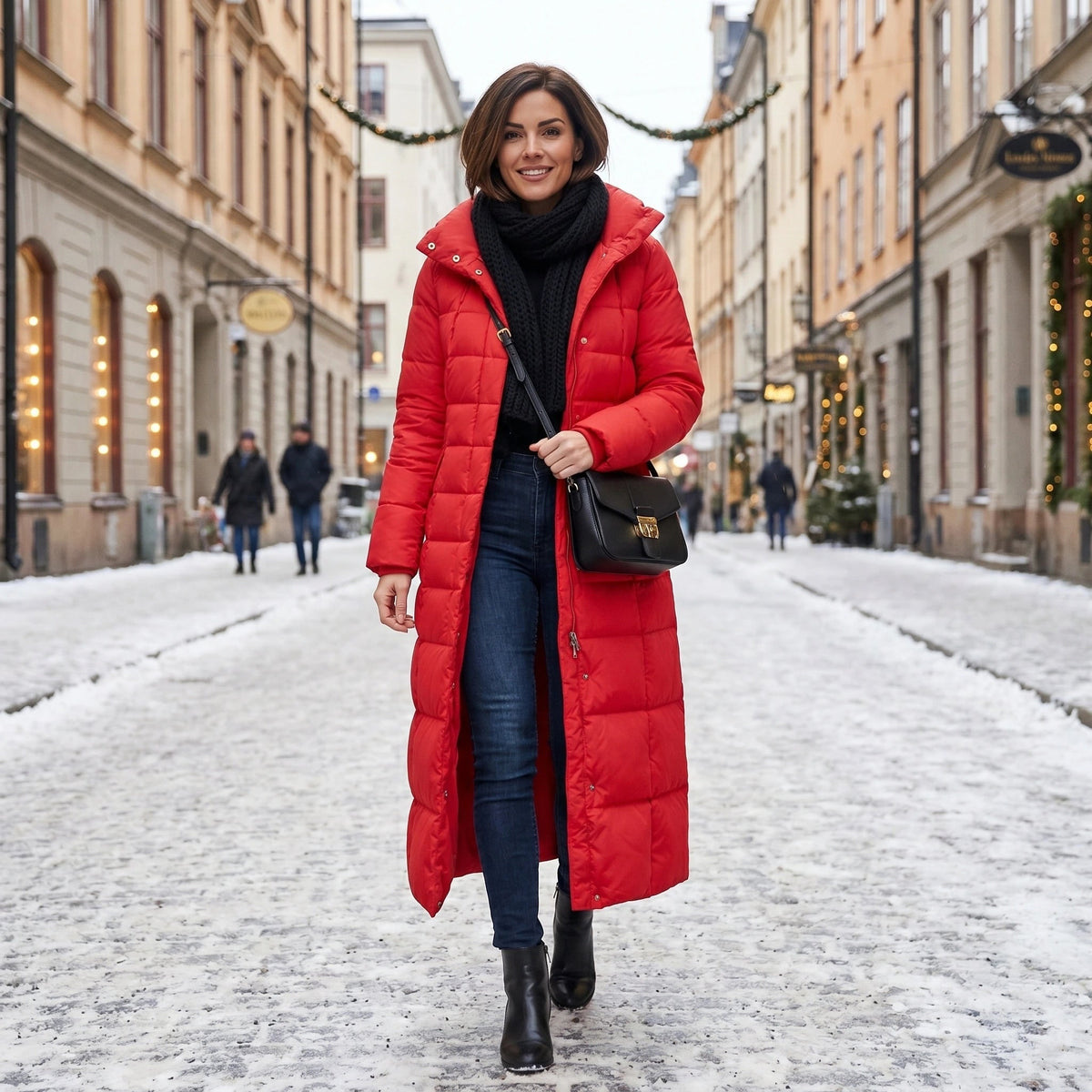 Women's Long Puffer Coat with Quilted Design Faux Fur Hood and Belted Waist - Image 2