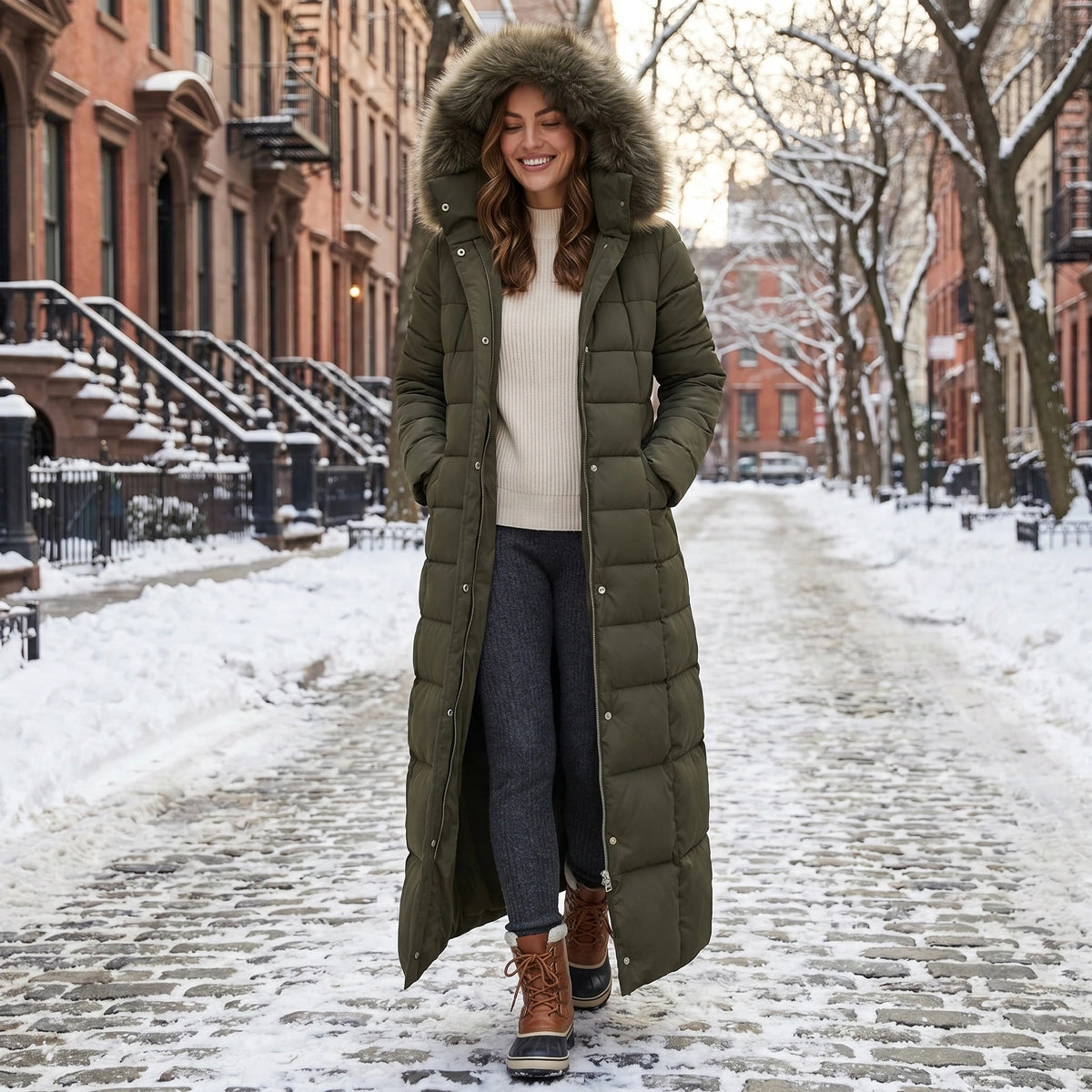 Women's Long Puffer Coat with Quilted Design Faux Fur Hood and Belted Waist - Image 3