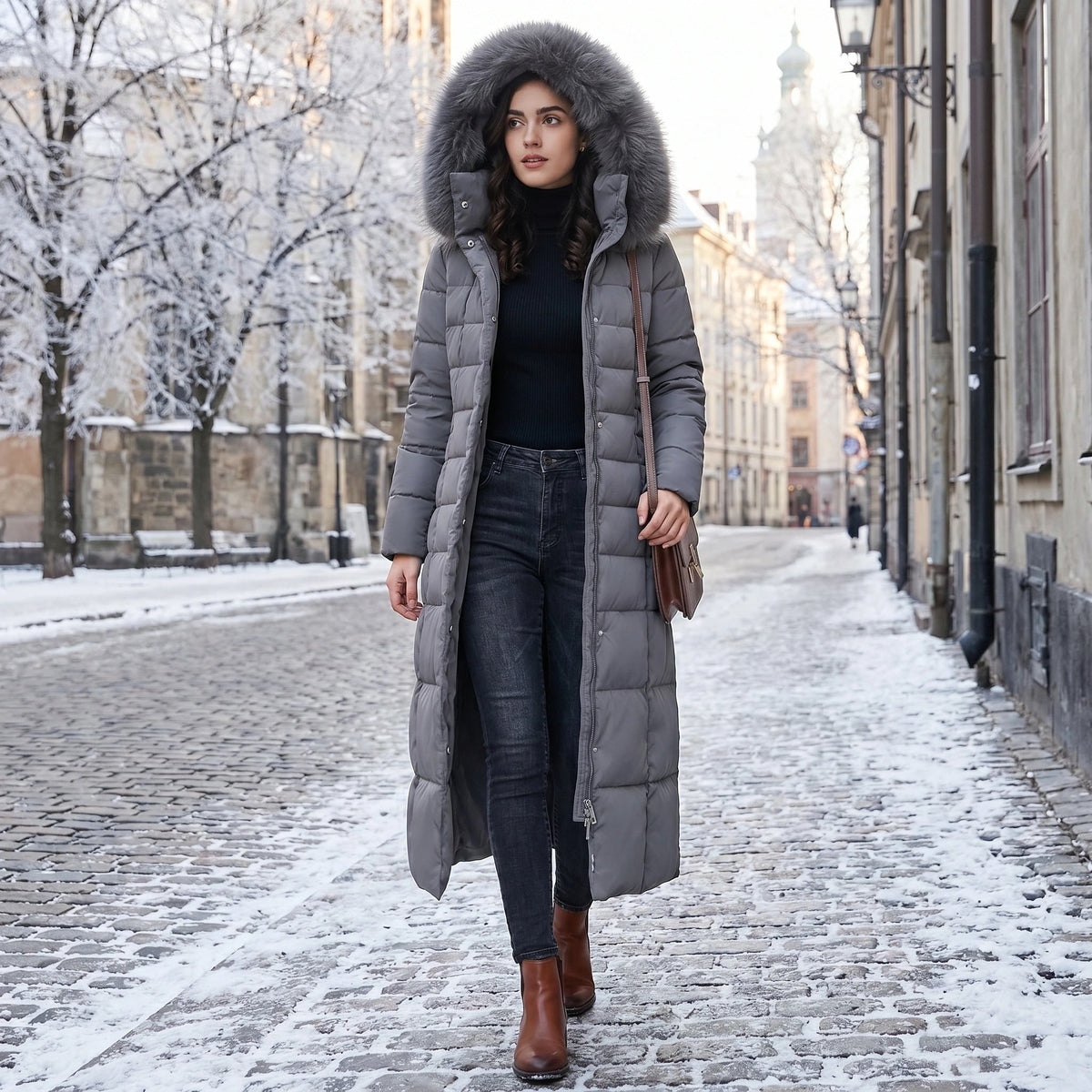 Women's Long Puffer Coat with Quilted Design Faux Fur Hood and Belted Waist - Image 4