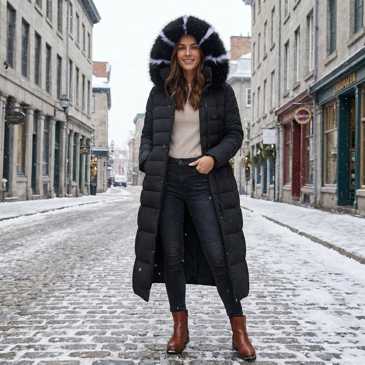 Women's Long Puffer Coat with Quilted Design Faux Fur Hood and Belted Waist - Image 5