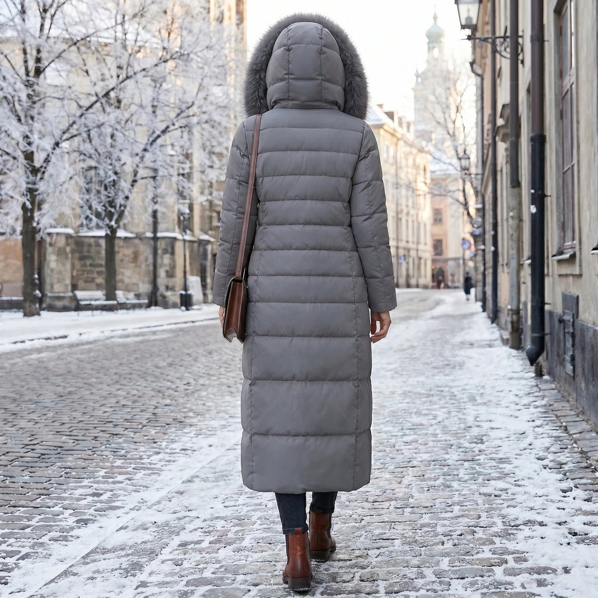 Women's Long Puffer Coat with Quilted Design Faux Fur Hood and Belted Waist - Image 7