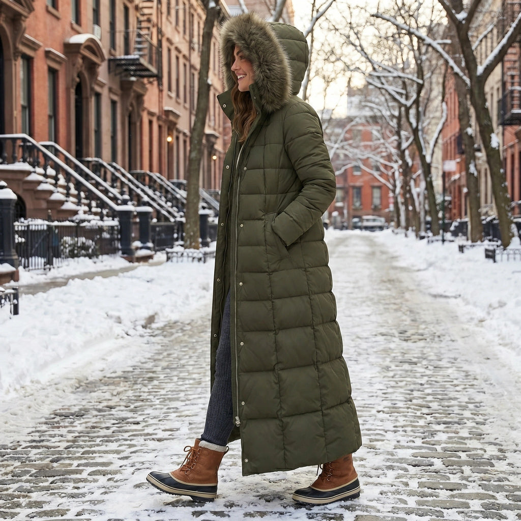 Women's Long Puffer Coat with Quilted Design Faux Fur Hood and Belted Waist - Image 8
