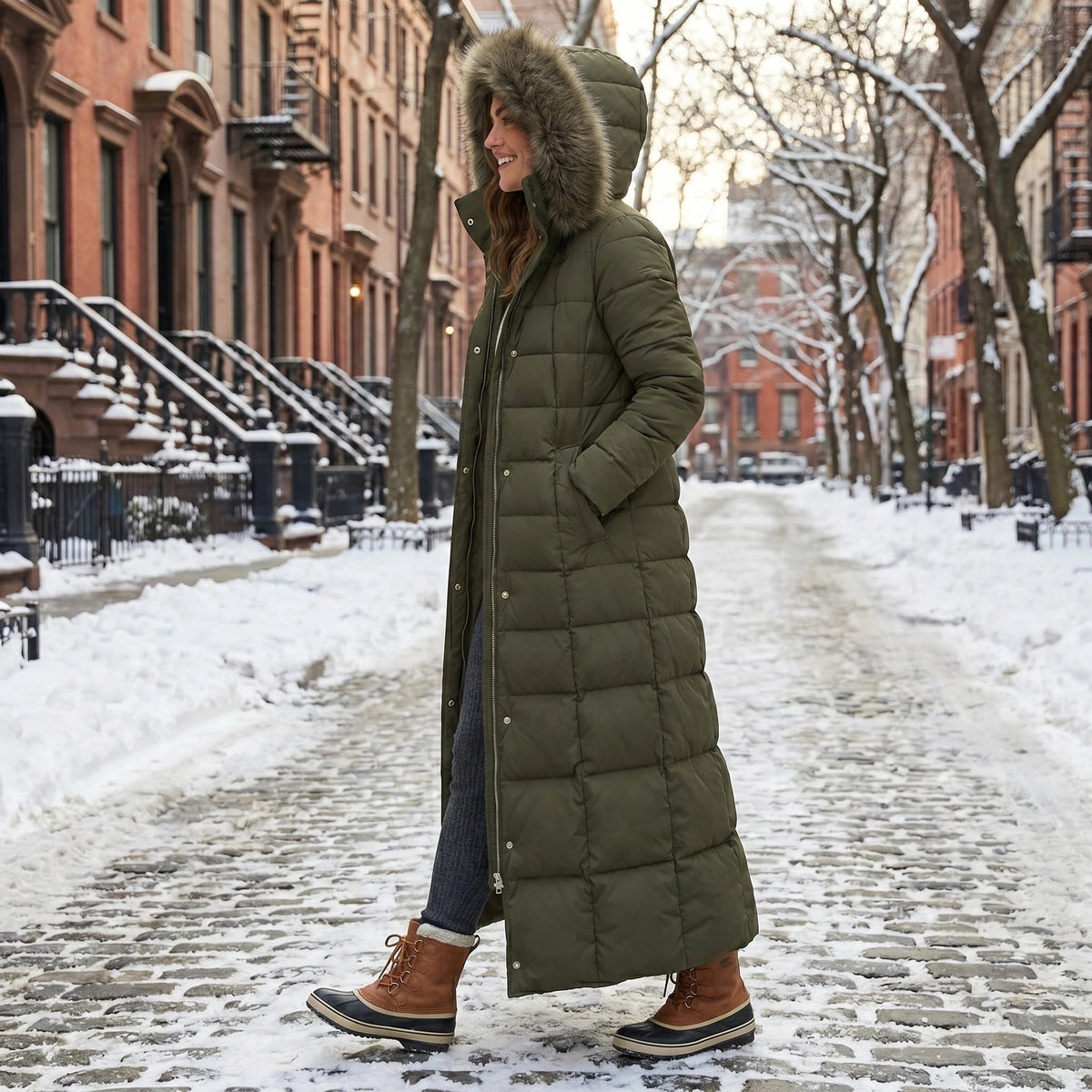 Women's Long Puffer Coat with Quilted Design Faux Fur Hood and Belted Waist - Image 8