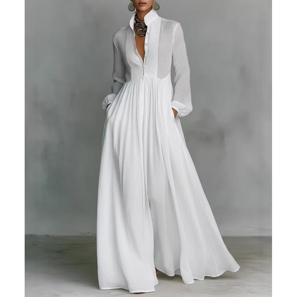 Women's Long Sleeve Wedding Dress Maxi with Pleated Bodice and Pockets - Image 1