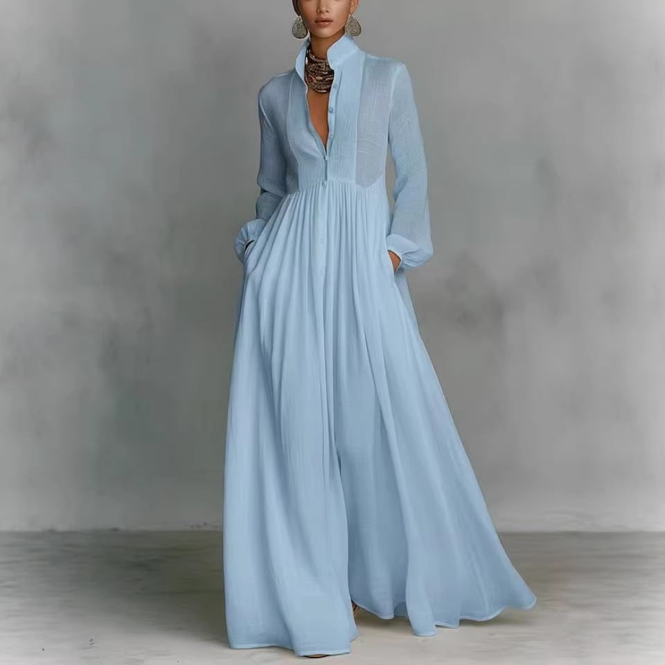 Women's Long Sleeve Wedding Dress Maxi with Pleated Bodice and Pockets - Image 2