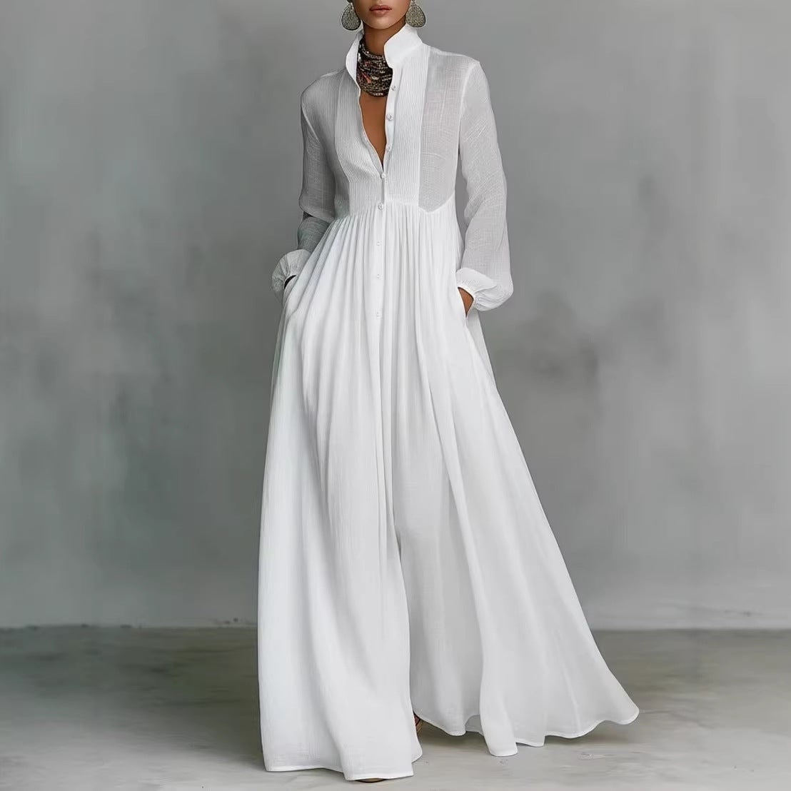 Women's Long Sleeve Wedding Dress Maxi with Pleated Bodice and Pockets - Image 5