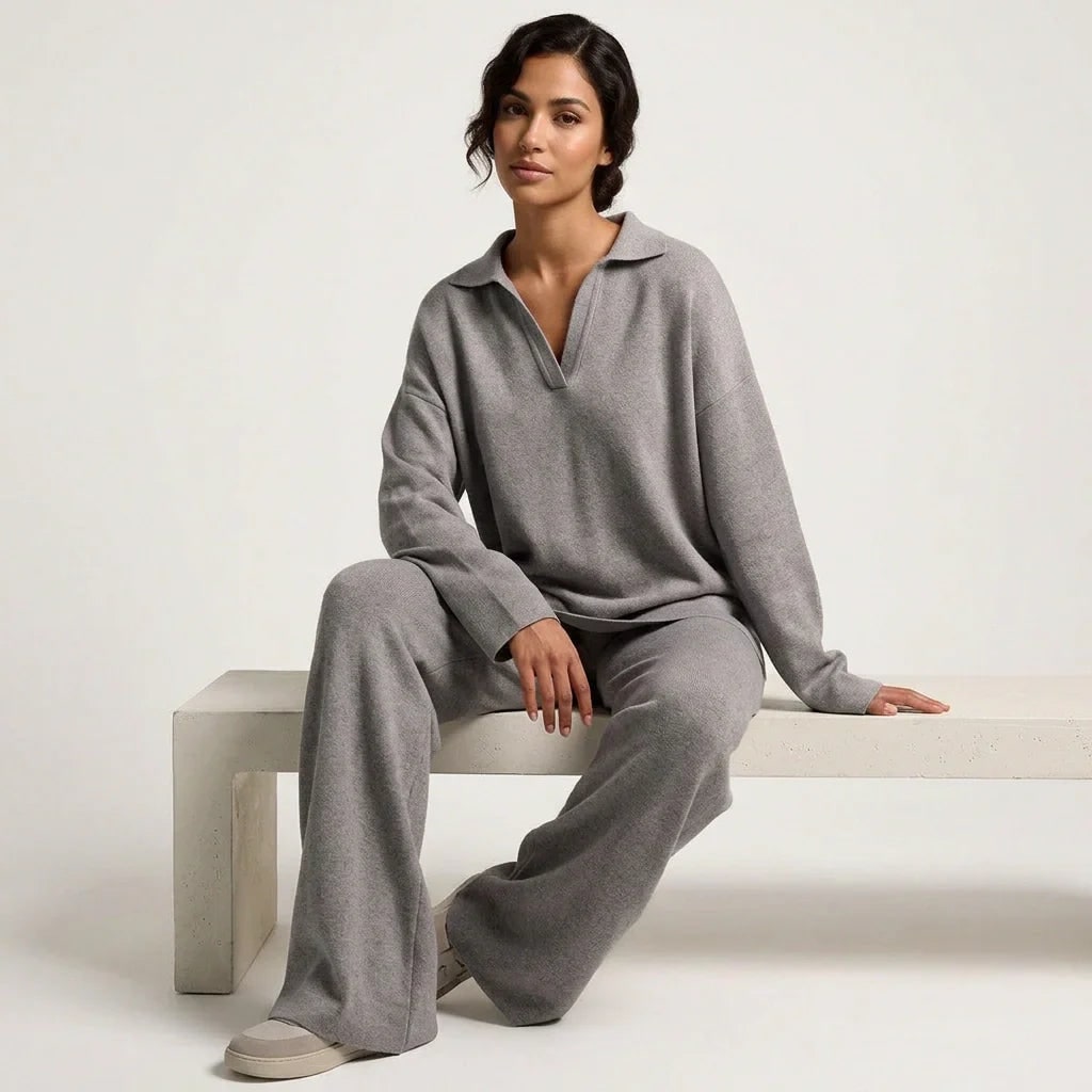 Women's Lounge Set Knit Two Piece with Wide Leg Pants and Polo Collar - Image 12