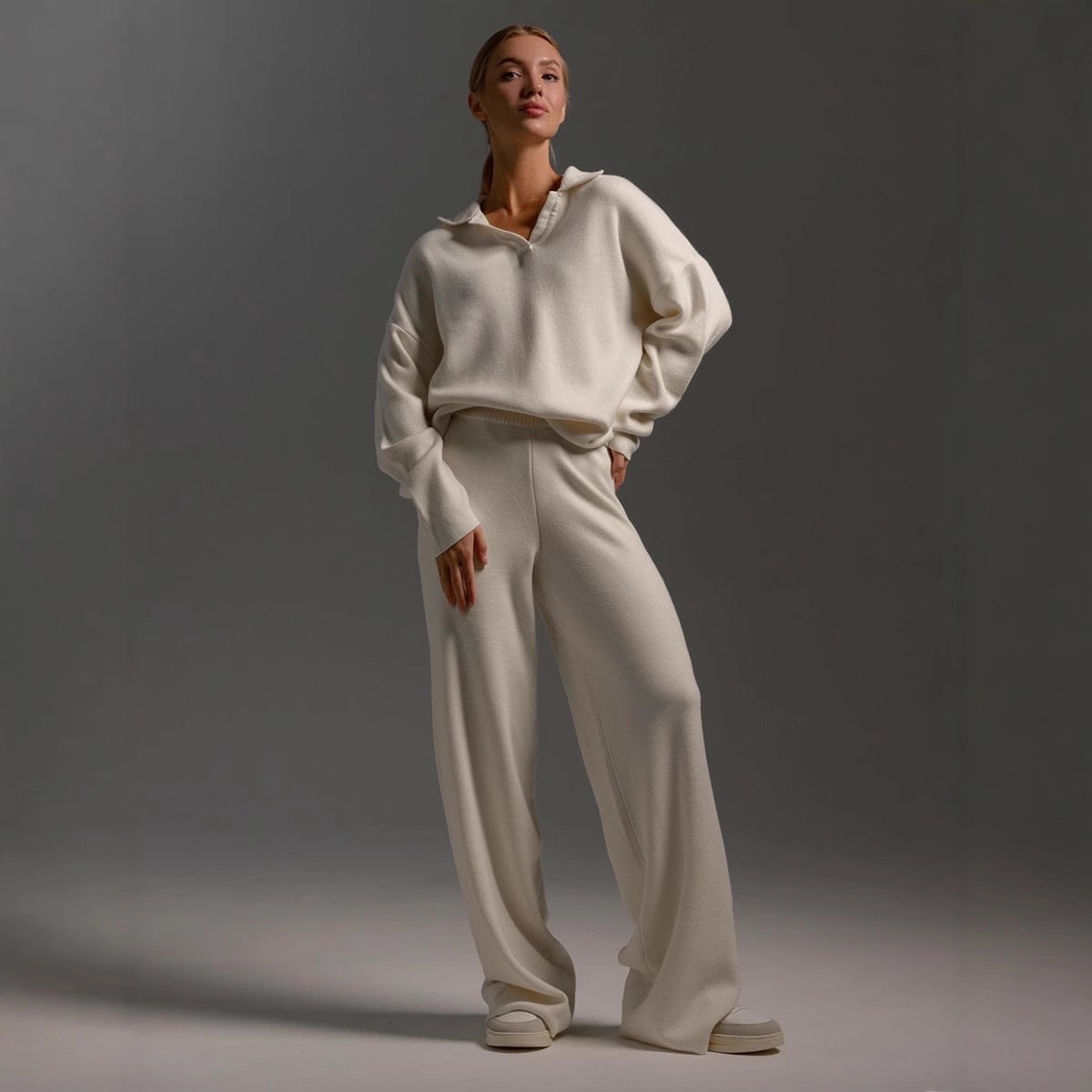 Women's Lounge Set Knit Two Piece with Wide Leg Pants and Polo Collar - Image 3