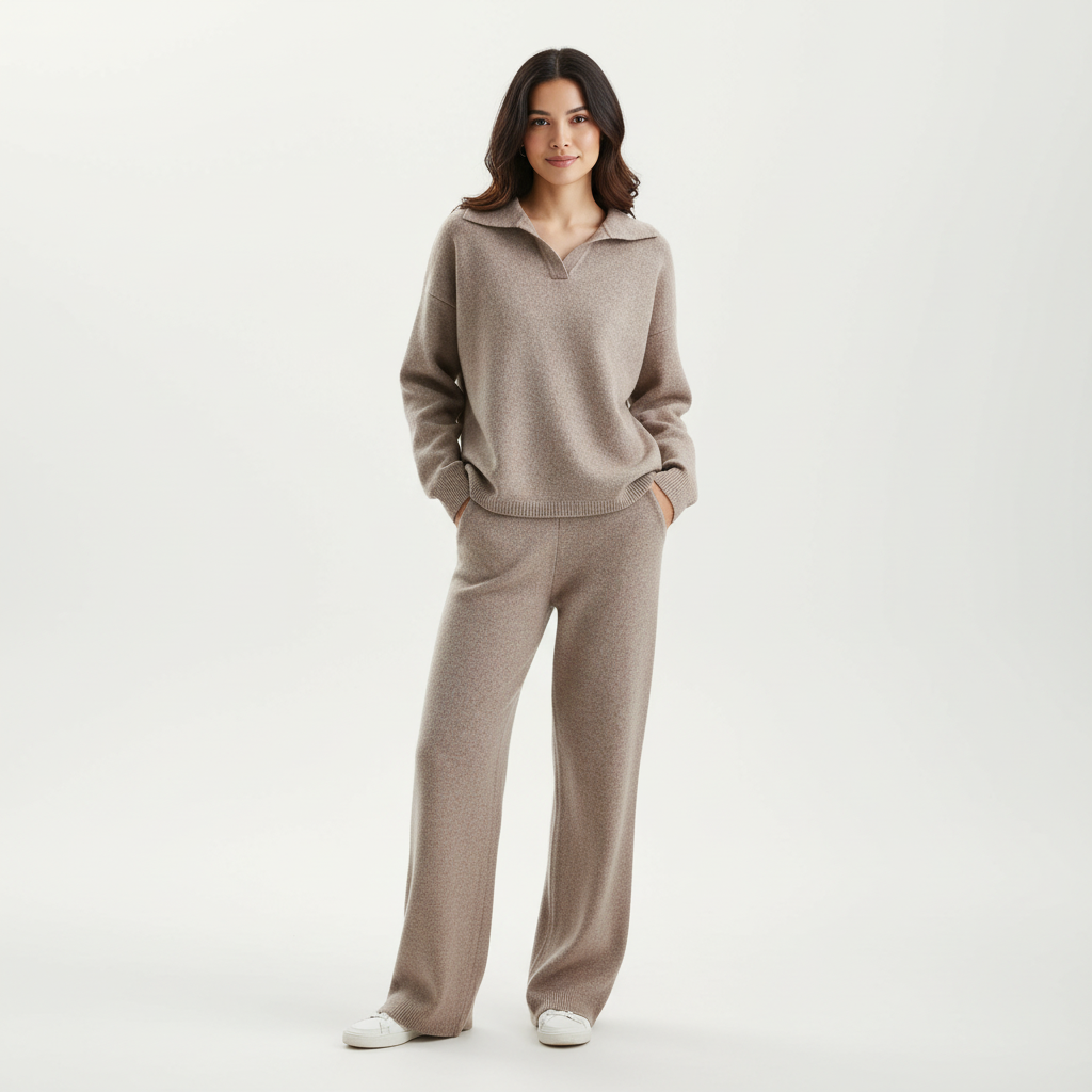 Women's Lounge Set Knit Two Piece with Wide Leg Pants and Polo Collar - Image 4