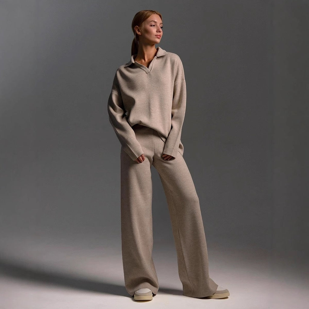 Women's Lounge Set Knit Two Piece with Wide Leg Pants and Polo Collar - Image 6