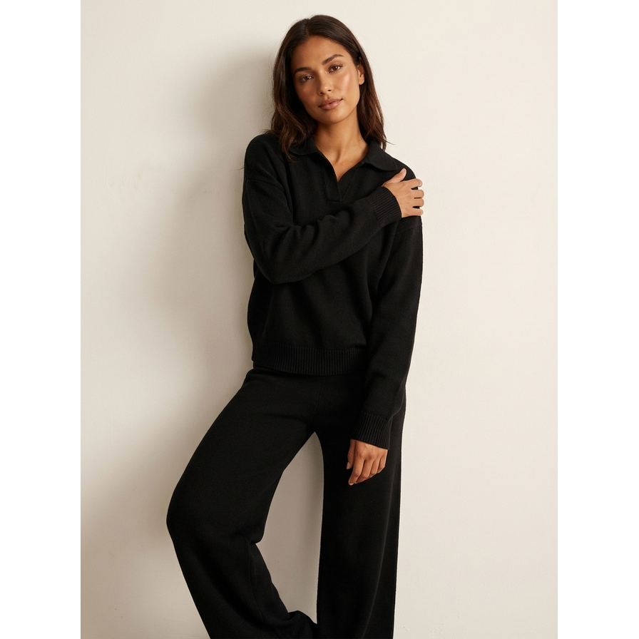 Women's Lounge Set Knit Two Piece with Wide Leg Pants and Polo Collar - Image 7