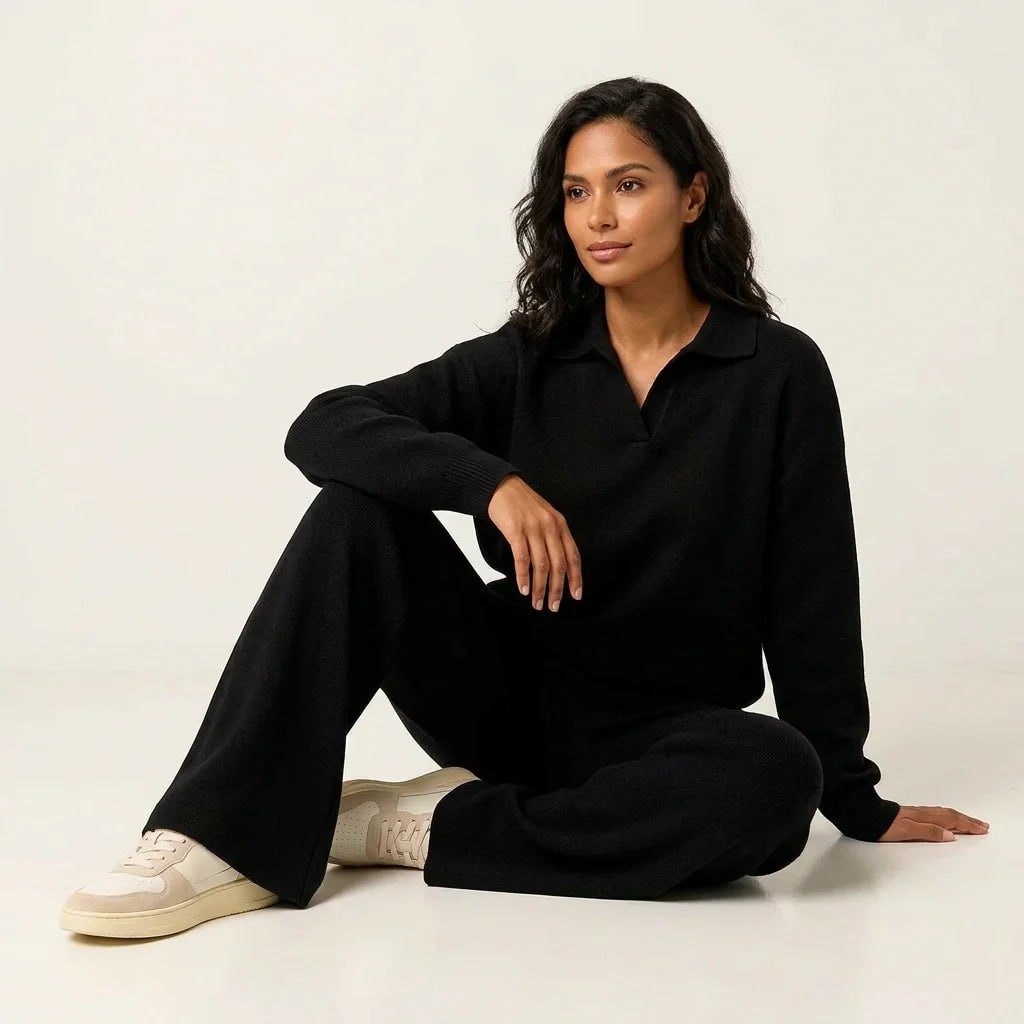 Women's Lounge Set Knit Two Piece with Wide Leg Pants and Polo Collar - Image 9