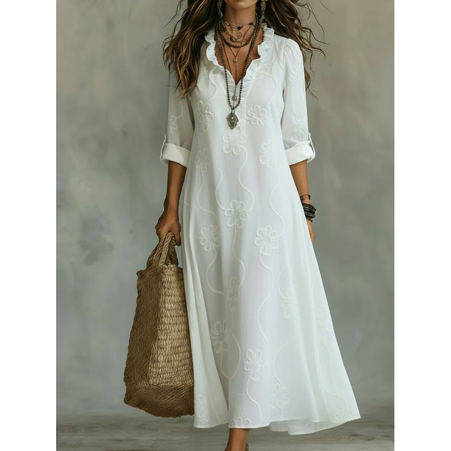 Women's Maxi Dress with A-Line Silhouette Ruffled Collar and Floral Embroidery - Image 1