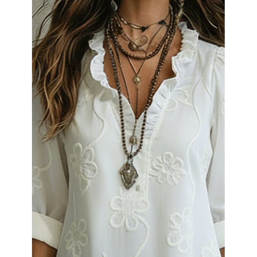 Women's Maxi Dress with A-Line Silhouette Ruffled Collar and Floral Embroidery - Image 2