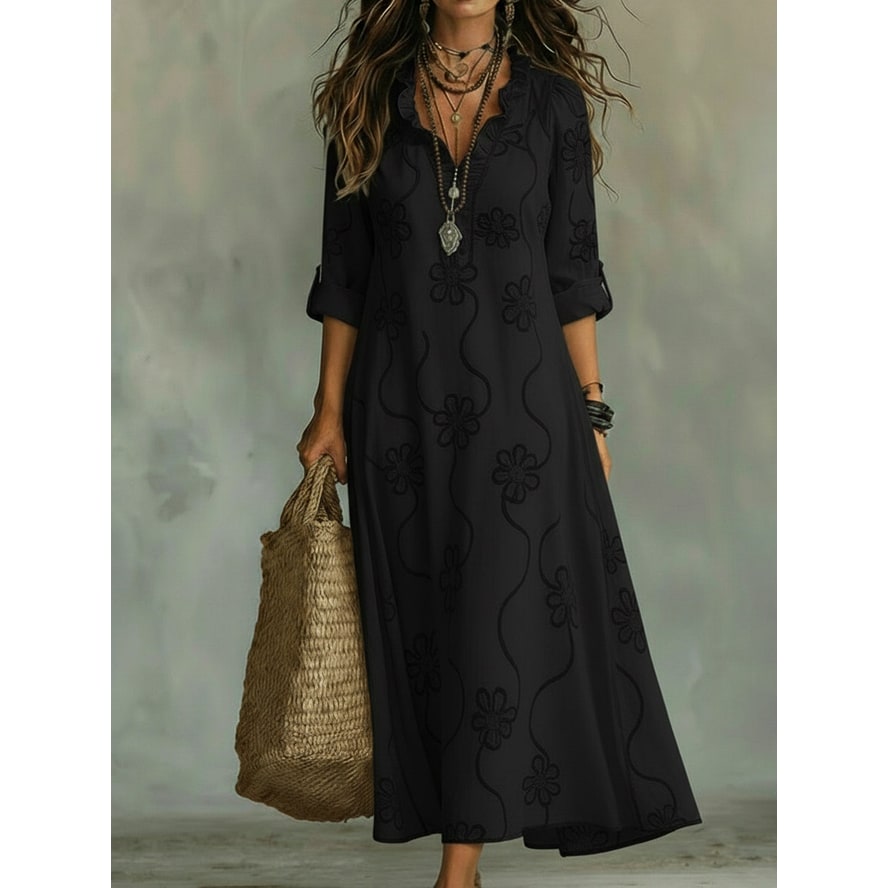 Women's Maxi Dress with A-Line Silhouette Ruffled Collar and Floral Embroidery - Image 3