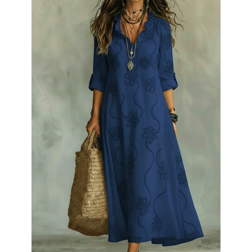 Women's Maxi Dress with A-Line Silhouette Ruffled Collar and Floral Embroidery - Image 4