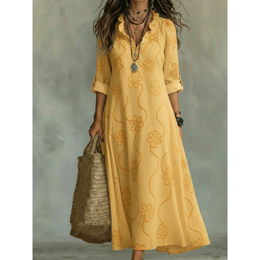 Women's Maxi Dress with A-Line Silhouette Ruffled Collar and Floral Embroidery - Image 5