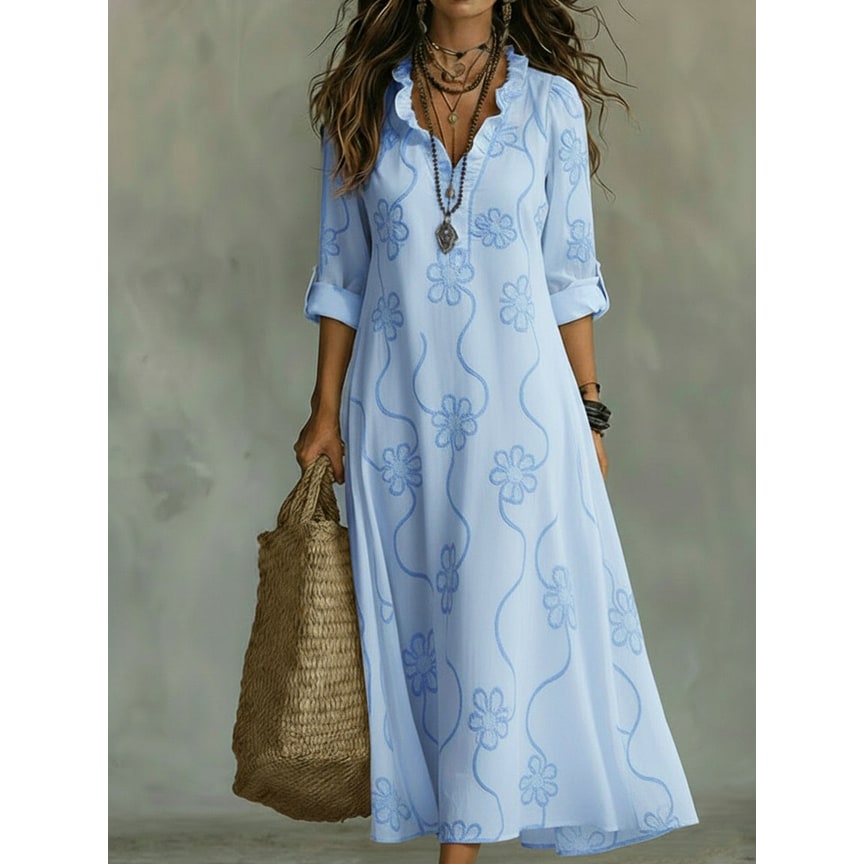 Women's Maxi Dress with A-Line Silhouette Ruffled Collar and Floral Embroidery - Image 6